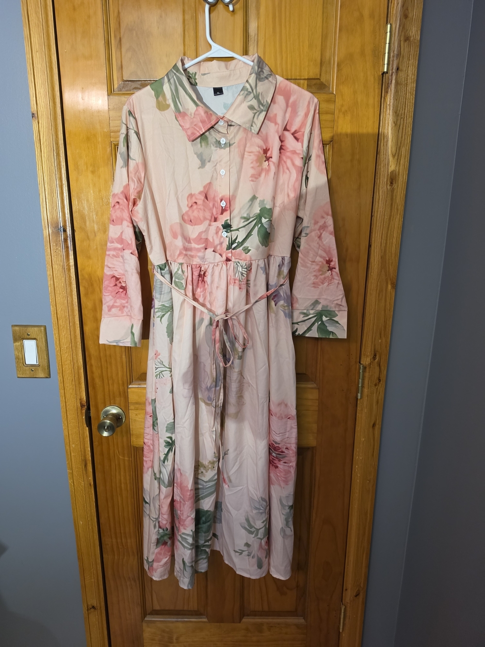 Floral Pink Button-Front Midi Dress with Tie Waist
